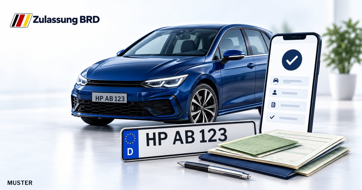 Online Fahrzeugzulassung in Biblis: Musterkennzeichen HP AB 123, Auto und Fahrzeugpapiere und Smartphone. Illustration mit Logo von Zulassung BRD.